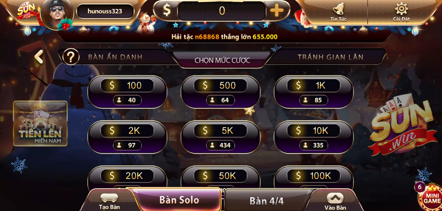 Quy định chặn khi chơi Tiến Lên Miền Nam khi truy cập sun20